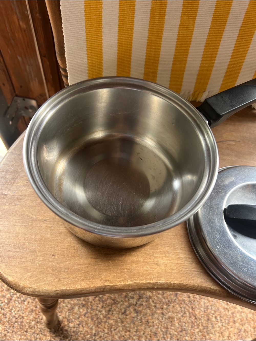 Vintage Stainless Steel Flint Saucepan with Black Handle and Yellow Accent - Picture 3 of 8